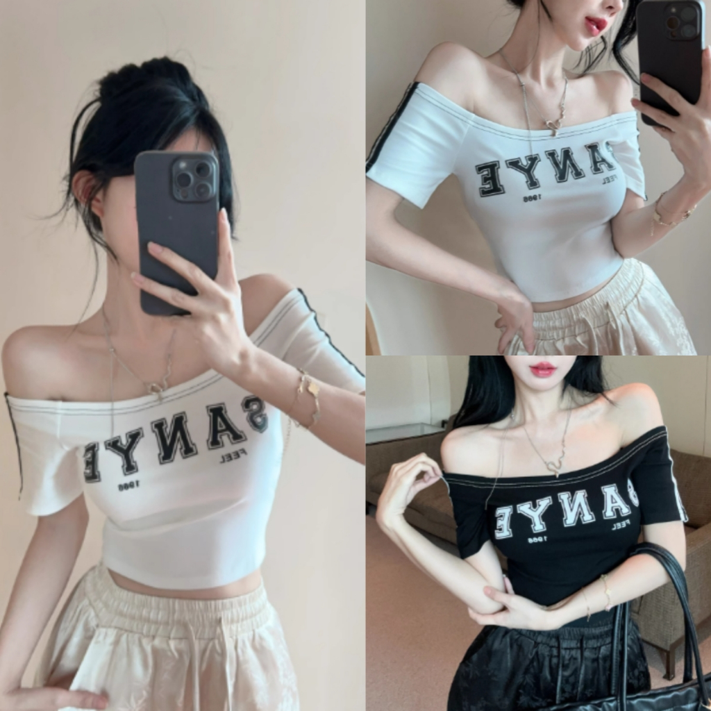Bella Shop เสื้อยืดแขนสั้นเปิดสะดือสุดหวานและเซ็กซี่ ทรงเข้ารูป พิมพ์ลายตัวอักษร แฟชั่นเปิดไหล่