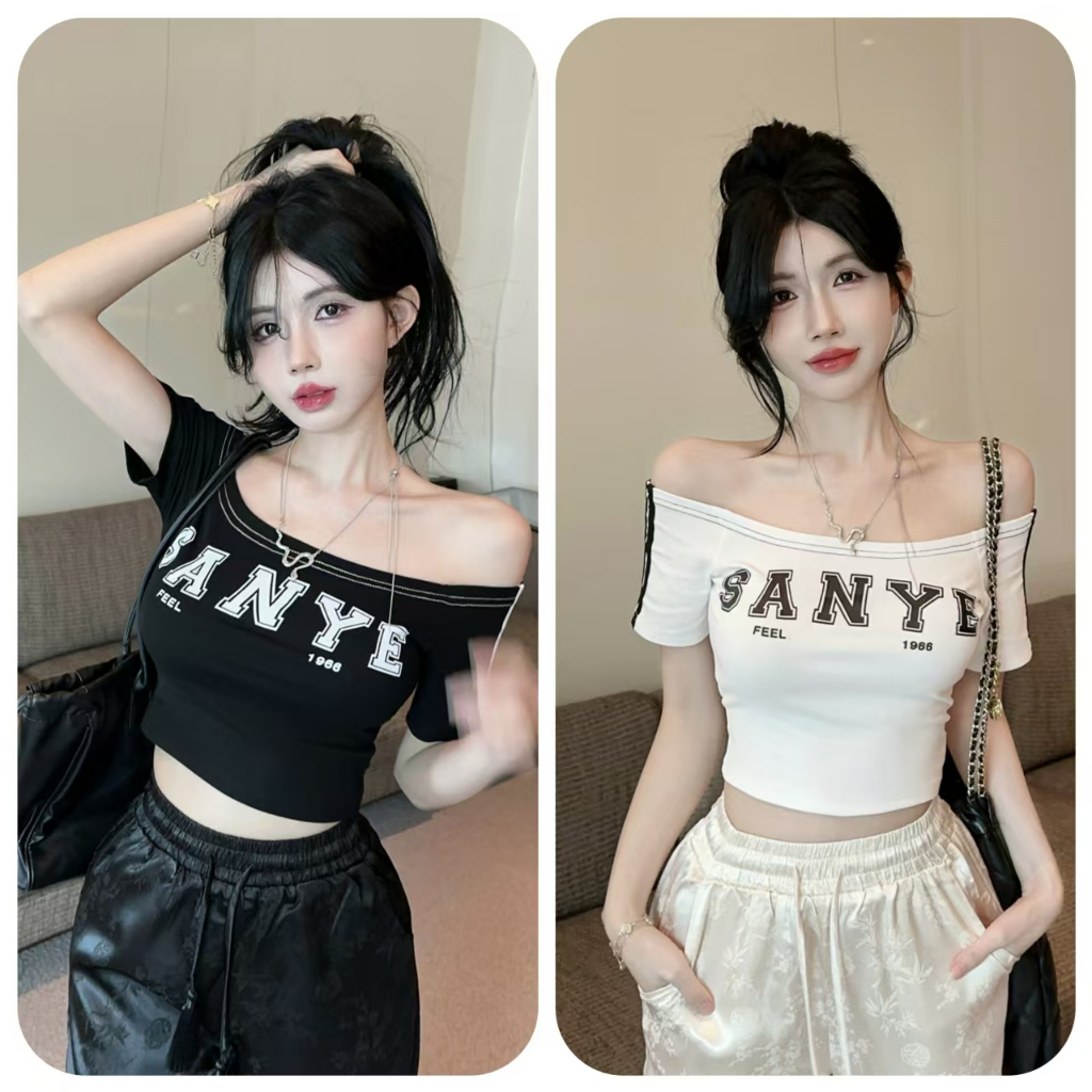 Luna Shop 🍒 เสื้อยืดแขนสั้นพิมพ์ลายตัวอักษรสไตล์ย้อนยุคอเมริกัน ✨✨ ทรงเซ็กซี่ โชว์กระดูกไหปลาร้า เสื้อตัวสั้น สำหรับผู้หญิง