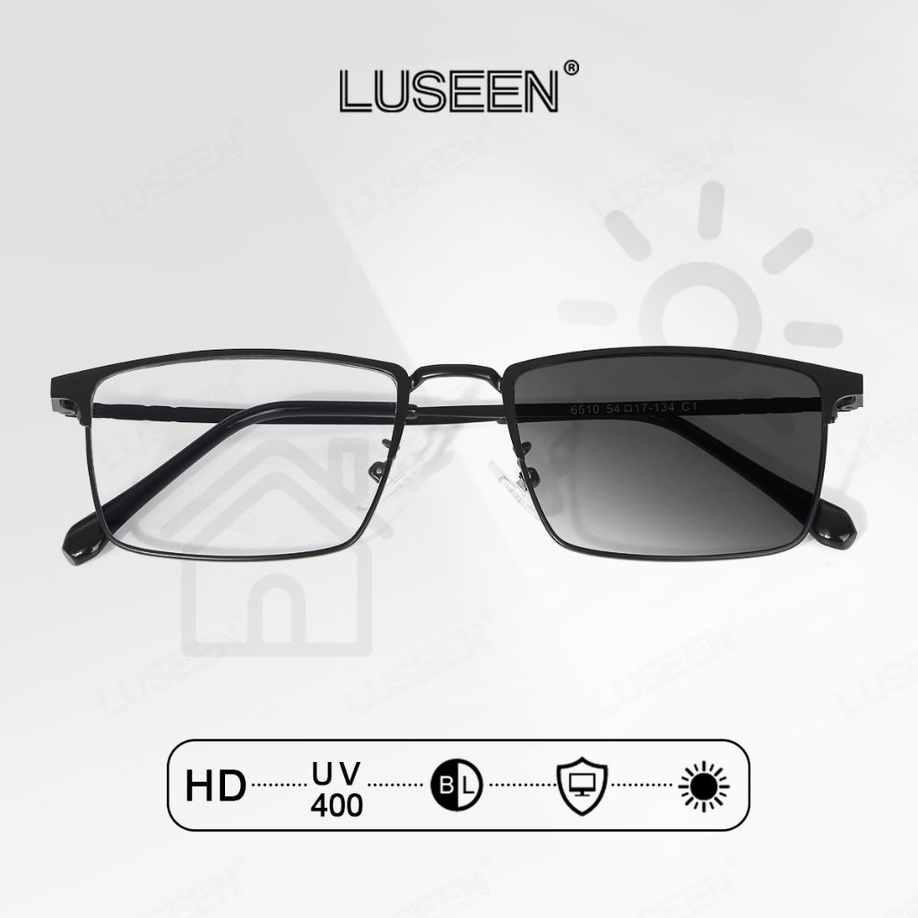 LUSEEN แว่นตา เปลี่ยนสีตามแสง ป้องกันรังสีแว่นตาเลนส์สีฟ้าสําหรับผู้หญิงผู้ชายสี่เหลี่ยมผืนผ้ากึ่งไม
