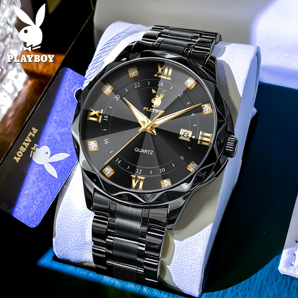 PLAYBOY นาฬิกา ผู้ชาย แฟชั่น watch 100% แท้ นาฬิกาข้อมือกันน้ำได้ ควอตซ์ สายสเตนเลส ทองดำ 3501-H