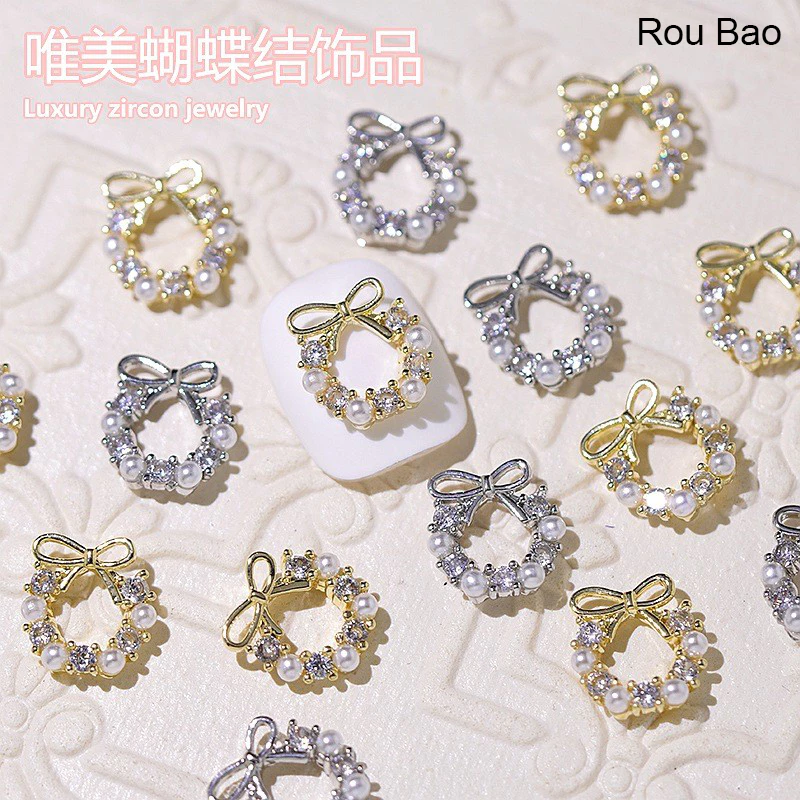Rou Bao 5 ชิ้นเล็บดอกไม้คริสต์มาส Garland Bow Rhinestone Alloy Gold Silver 3D เล็บตกแต่งศิลปะ