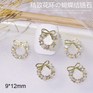 Rou Bao 5 ชิ้นเล็บดอกไม้คริสต์มาส Garland Bow Rhinestone Alloy Gold Silver 3D เล็บตกแต่งศิลปะ