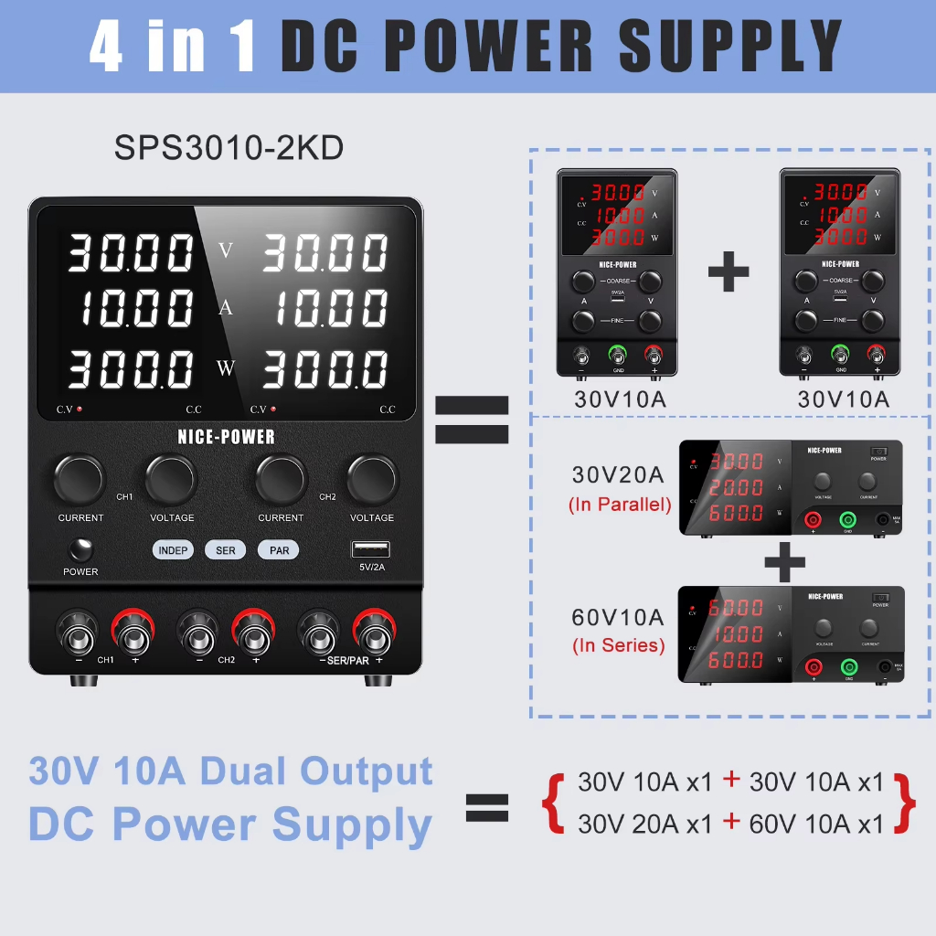 NICE-POWER แหล่งจ่ายไฟ DC แบบ Dual-Channel 30V 10A, แหล่งจ่ายไฟสลับแบบปรับได้, Series ฟังก์ชั่นอิสระแบบขนาน 60V 120V