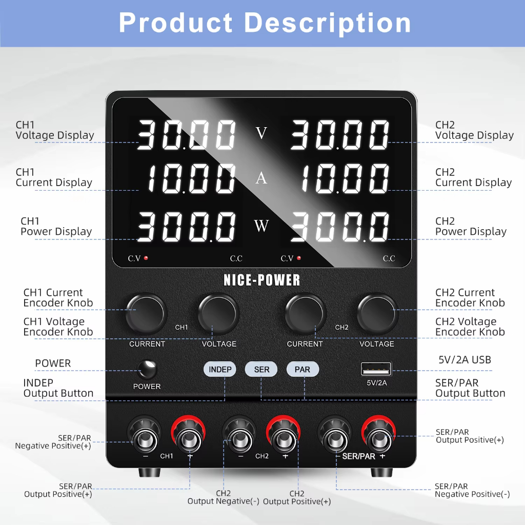 NICE-POWER แหล่งจ่ายไฟ DC แบบ Dual-Channel 30V 10A, แหล่งจ่ายไฟสลับแบบปรับได้, Series ฟังก์ชั่นอิสระแบบขนาน 60V 120V