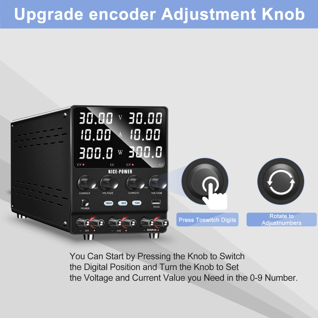 NICE-POWER แหล่งจ่ายไฟ DC แบบ Dual-Channel 30V 10A, แหล่งจ่ายไฟสลับแบบปรับได้, Series ฟังก์ชั่นอิสระแบบขนาน 60V 120V