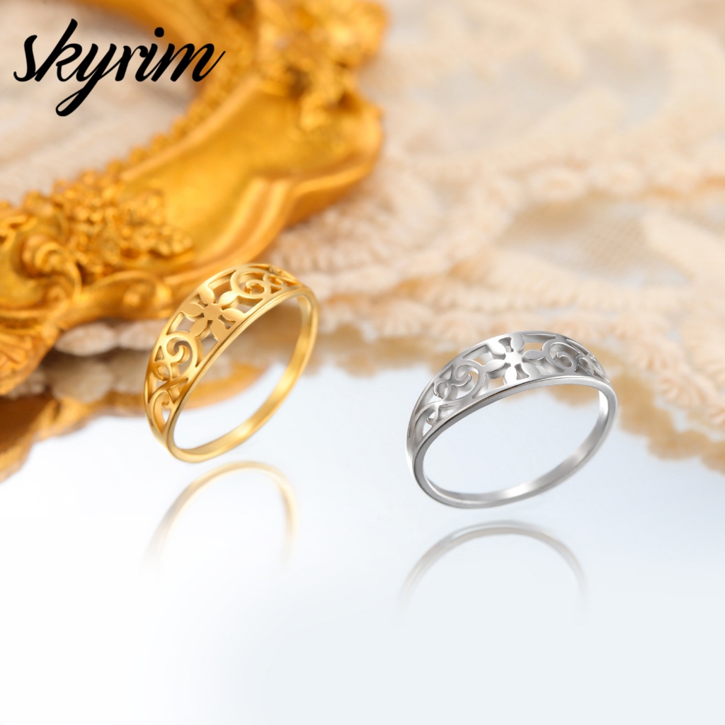 SKYRIM แหวนผู้หญิงหกกลีบดอกไม้ออกแบบไทเทเนียมสแตนเลสเครื่องประดับสุภาพสตรี