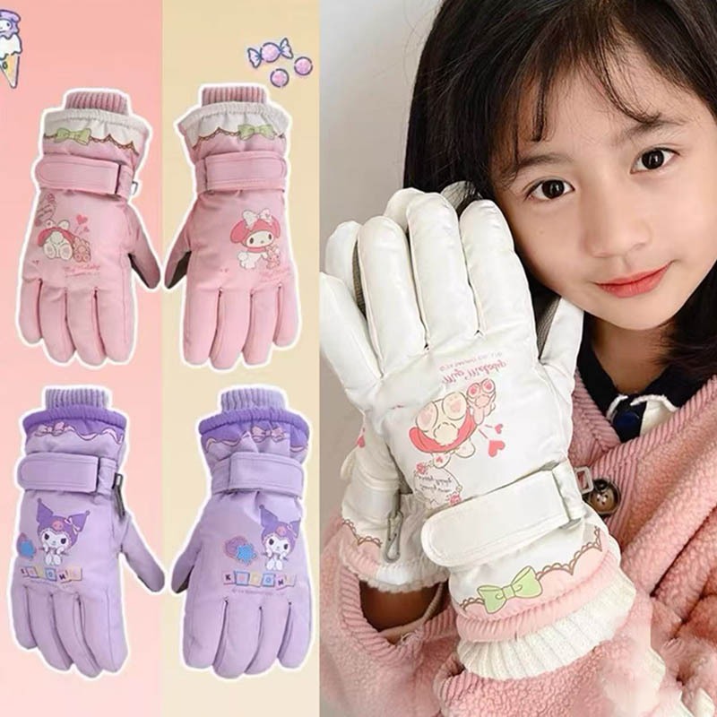 Sanrio ถุงมือสกีเด็กกลางบวกกํามะหยี่หนาเย็นหลักฐานเก็บอบอุ่นขี่จักรยานกลางแจ้งกันลมป้องกัน