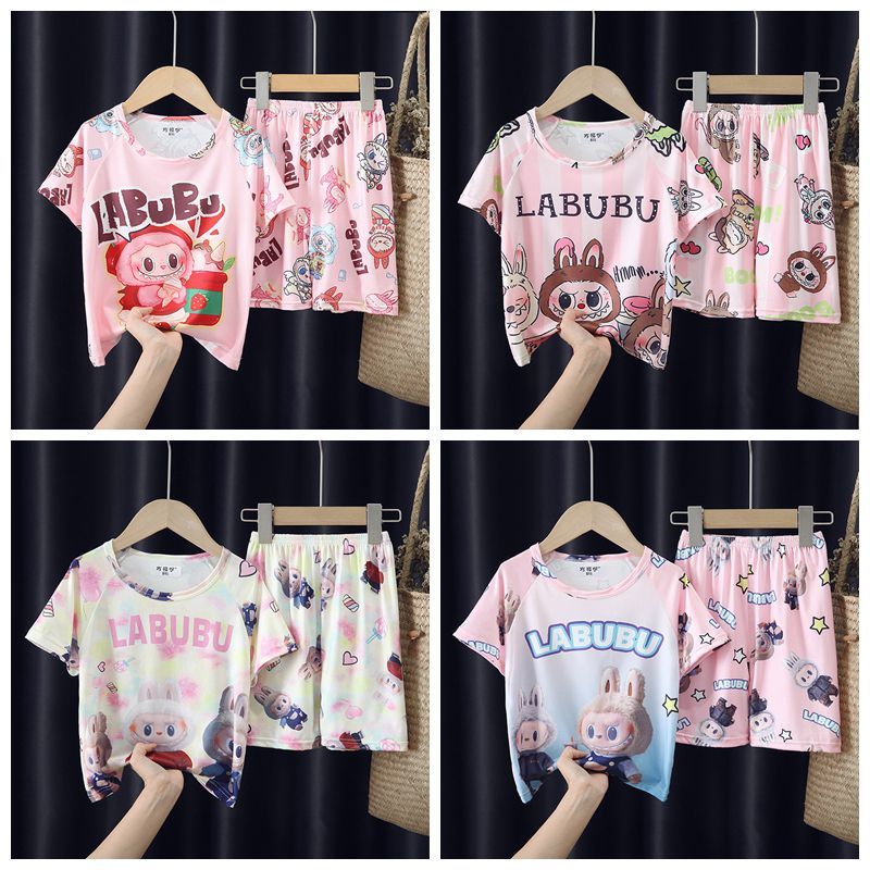 ชุดนอนเด็กผู้หญิง Labubu ชุดนอนแขนสั้นการ์ตูนสําหรับเด็กเด็กชายและเด็กหญิง