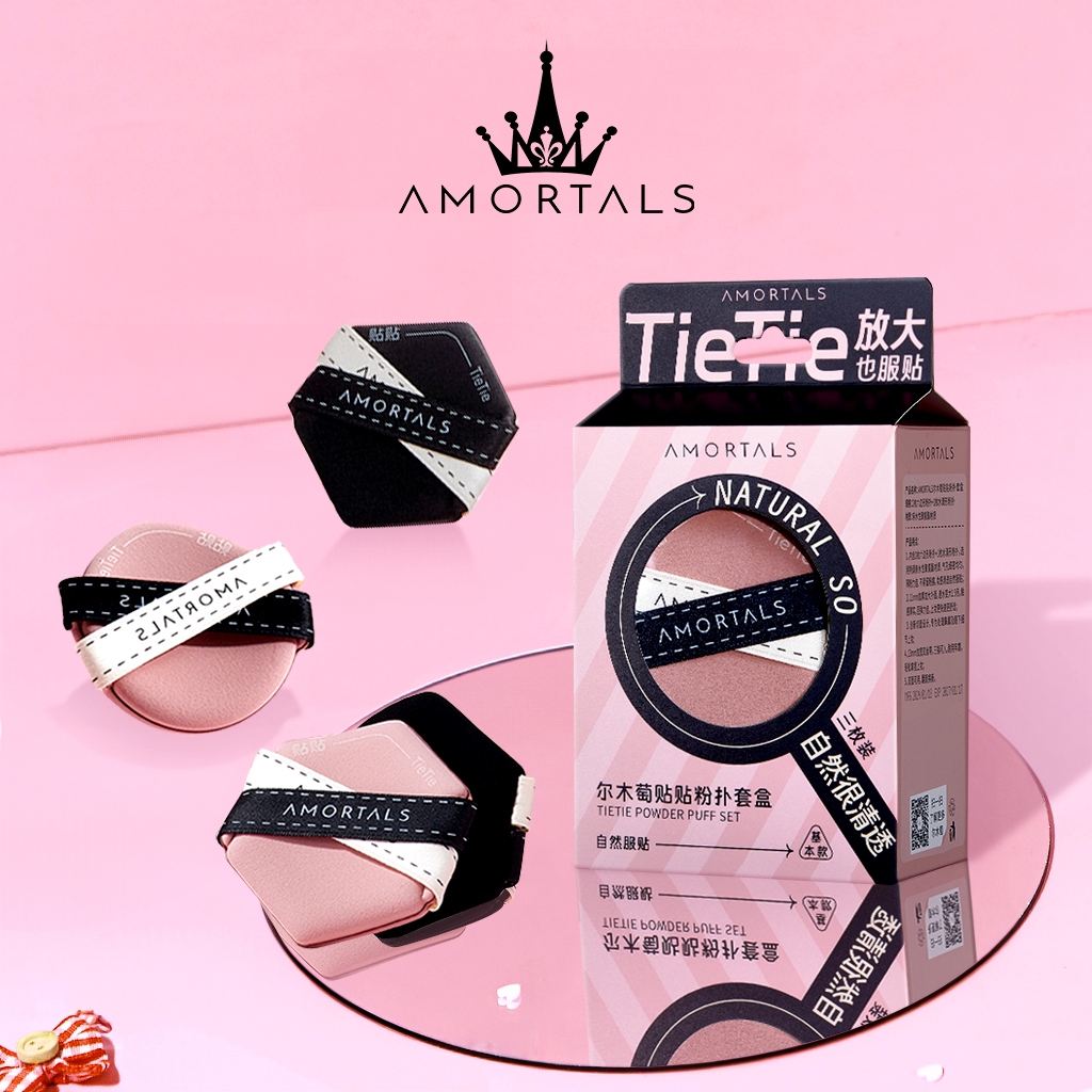 Amortals PINK & BLACK 3 pcs พัฟแต่งหน้า สติกเกอร์ สองด้าน เบาะพัฟ เปียก แห้ง ใช้คู่ สายไขว้ ไม่กิน ล