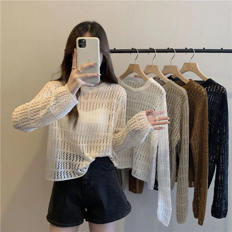 ZHELIHANGFEI เสื้อแขนยาว ผ้าถัก แบบบาง เสื้อกันแดด แบบรูกลวง แฟชั่นฤดูร้อน เสื้อไหมพรมผู้หญิง