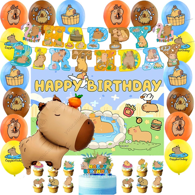 Ins Capybara ธีมเด็ก วันเกิด ตกแต่ง ของขวัญ คาวาอี้ น่ารัก คาปิบารา แบนเนอร์ เค้ก ท็อปเปอร์ ลูกโป่ง