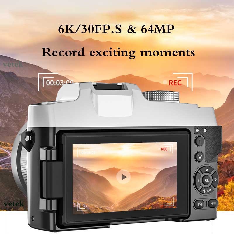 Vetek9 กล้อง 84MP กล้องดิจิตอล 6K กล้อง 3.0 หน้าจอสัมผัสแบบพลิก 18X ซูมดิจิตอล