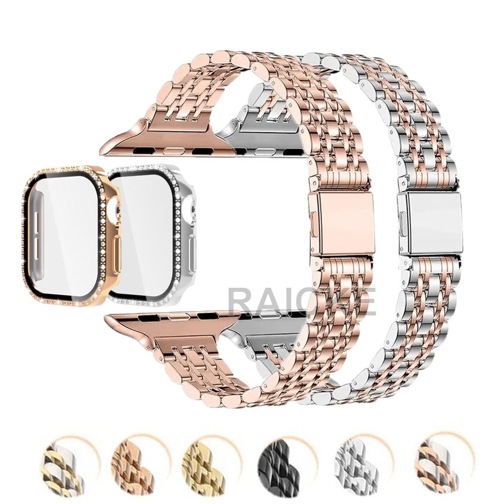 สายรัดโลหะสแตนเลสที่สไตล์พร้อมกรณีเพชรสำหรับ iWatch Series 11/10/9/8/7/6/5/4/3 / SE Ultra 46mm 49mm 44mm 40mm 42mm 38mm 45mm 41mm