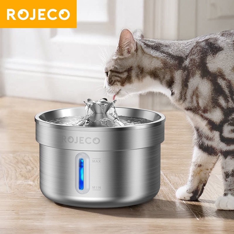 Rojeco น้ําพุดื่มแมว 304 สแตนเลส 2L เครื่องจ่ายน้ําแมวอัตโนมัติ Ultra Quiet ปั๊มน้ํา Foutain สําหรับสัตว์เลี้ยงหลายตัว