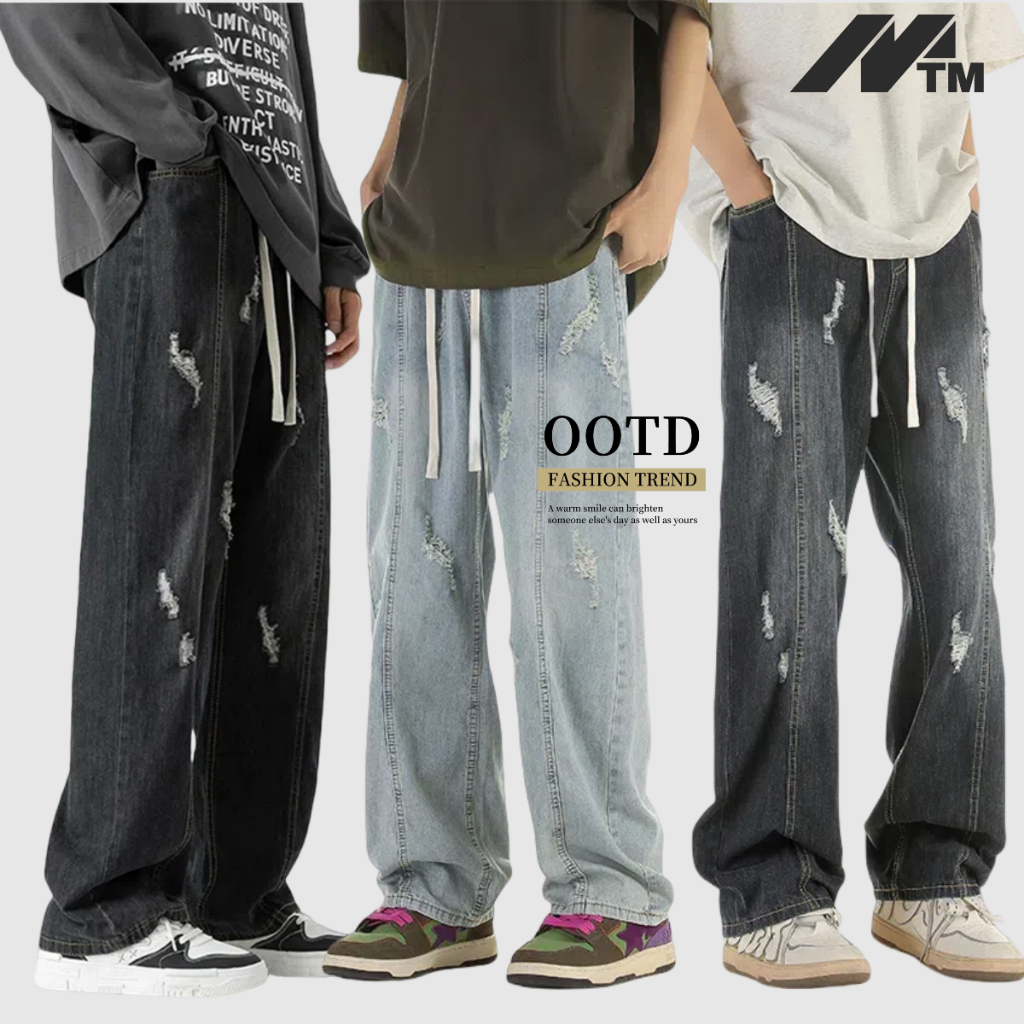 M.T.M กางเกงยีนส์ผู้ชาย ขาดเข่า ขายาวทรงตรง ทรงหลวม ใส่ได้ทั้งหญิงชาย  ทรงกระบอก เเฟชั่นสไตล์เกาหลี วินเทจ