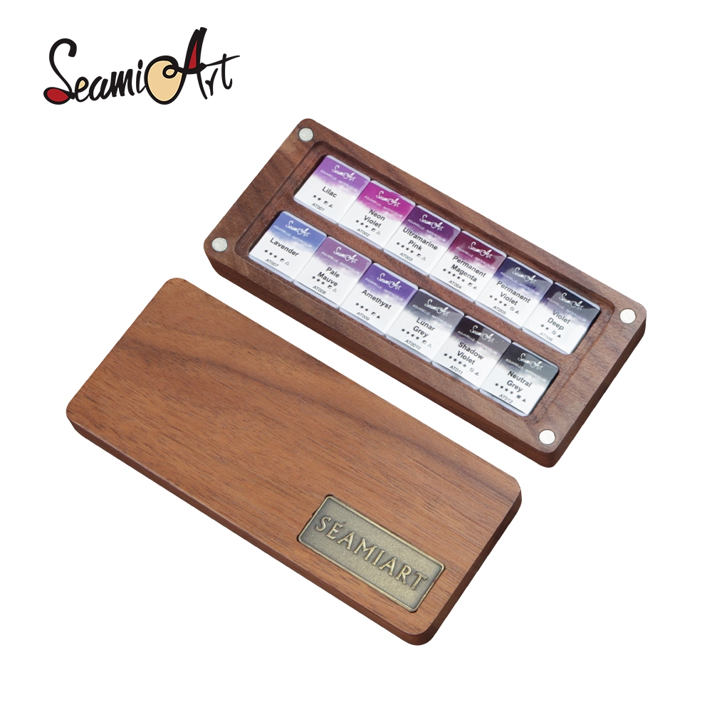 Seamiart 12color Amethyst Professional Solid สีน้ําชุดสีม่วงระบบไม้ภาพวาดกล่อง Palette