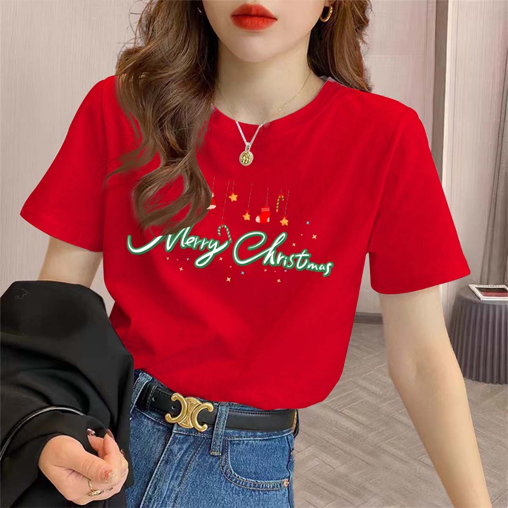 เสื้อยืด คริสต์มาส Merry Christmas T-shirt ต้นคริสต์มาส พิมพ์ลาย เสื้อครอบครัวคริสต์มาส วันคริสต์มาส