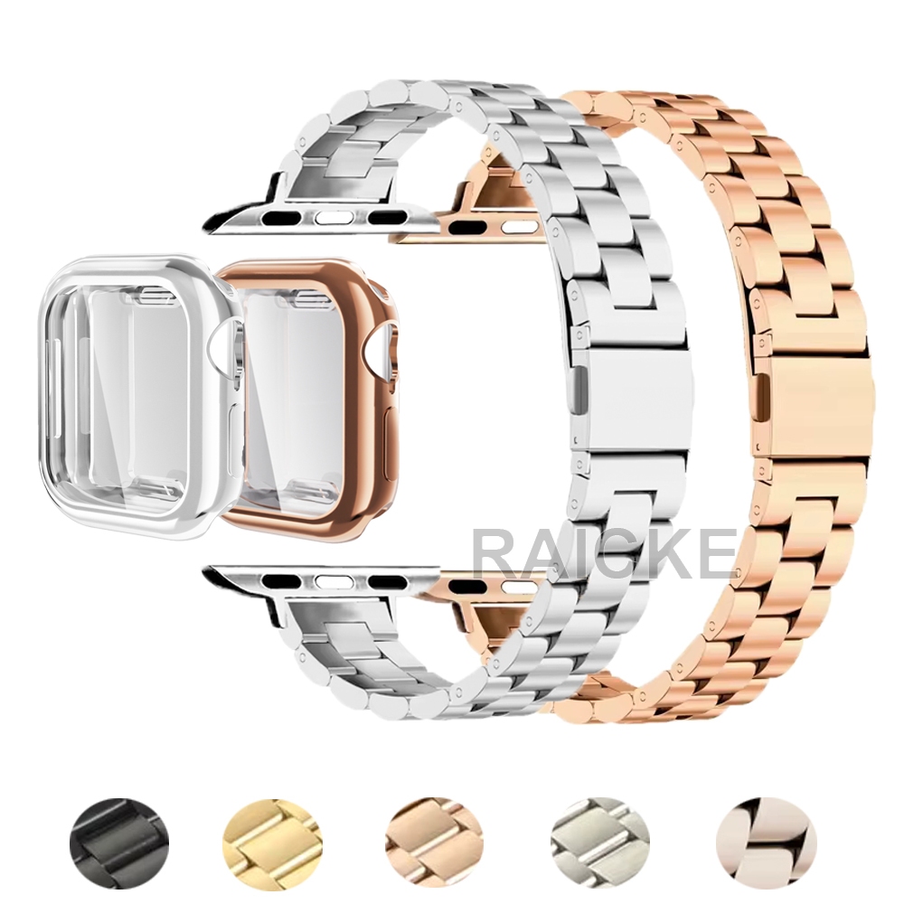 สายรัดโลหะบางคลาสสิกพร้อมกรณีซิลิโคนสำหรับ iWatch Series 11/10/9/8/7/6/5/4/3/2/1 / SE / Ultra 49mm 46mm 45mm 44mm 42mm 41mm 40mm 38mm