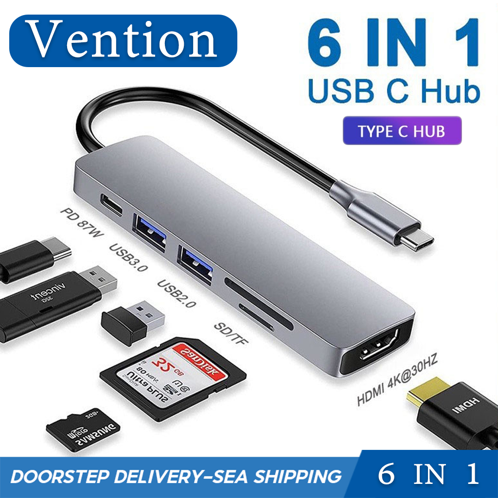 Vention Usb C HUB 6 in 1 ประเภท C ถึง HDMI 4K 2 พอร์ต USB 3.0 เครื่องอ่านการ์ด SD/TF สําหรับคอมพิวเตอร์แล็ปท็อป