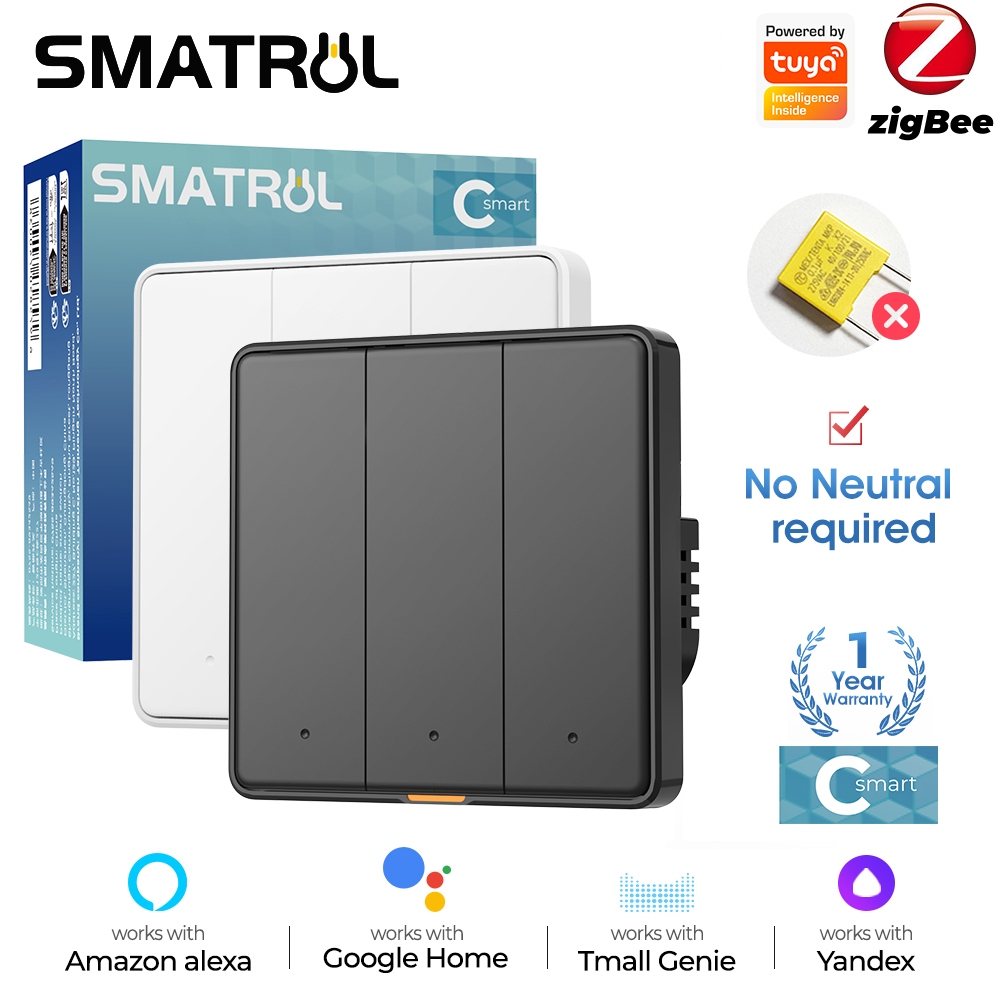 Smatrul สมาร์ทสวิทช์ Tuya Zigbee ไม่มี Neutral Wire 110-250v ไม่มีตัวเก็บประจุต้องการสมาร์ทชีวิตสนับสนุน Alexa Google Home Tmall Genie 2mqtt