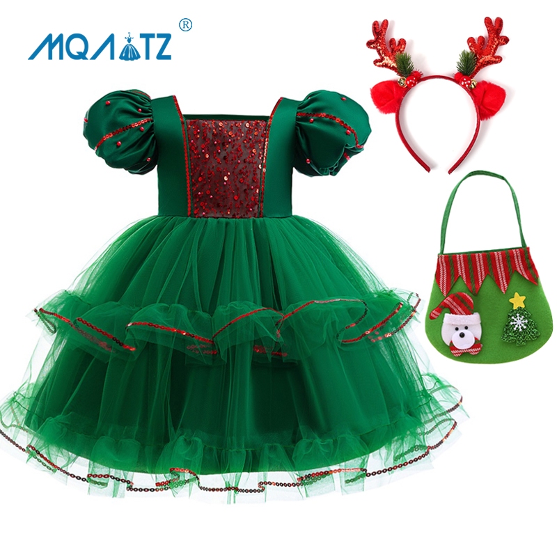 Mqatz ปุยสาวคริสต์มาสชุดเลื่อมปาร์ตี้คอสเพลย์เครื่องแต่งกายสีเขียวชุดเจ้าหญิงแขนสั้น SD101