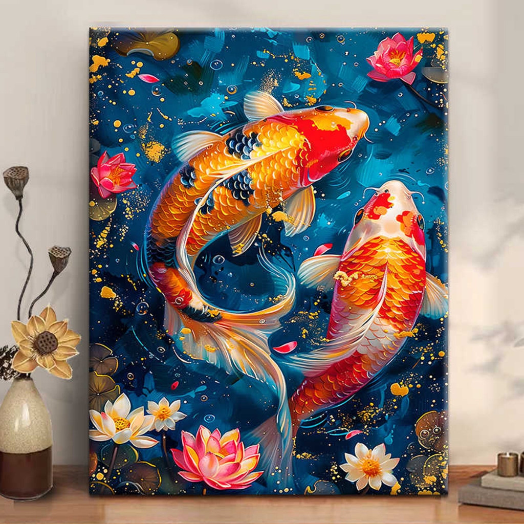 ลอยไป ระบายสีตามตัวเลข ปลาคาร์พภาพวาดผ้าใบโดยตัวเลขภาพสีน้ํามันดิจิตอลโดยตัวเลขตกแต่งบ้าน