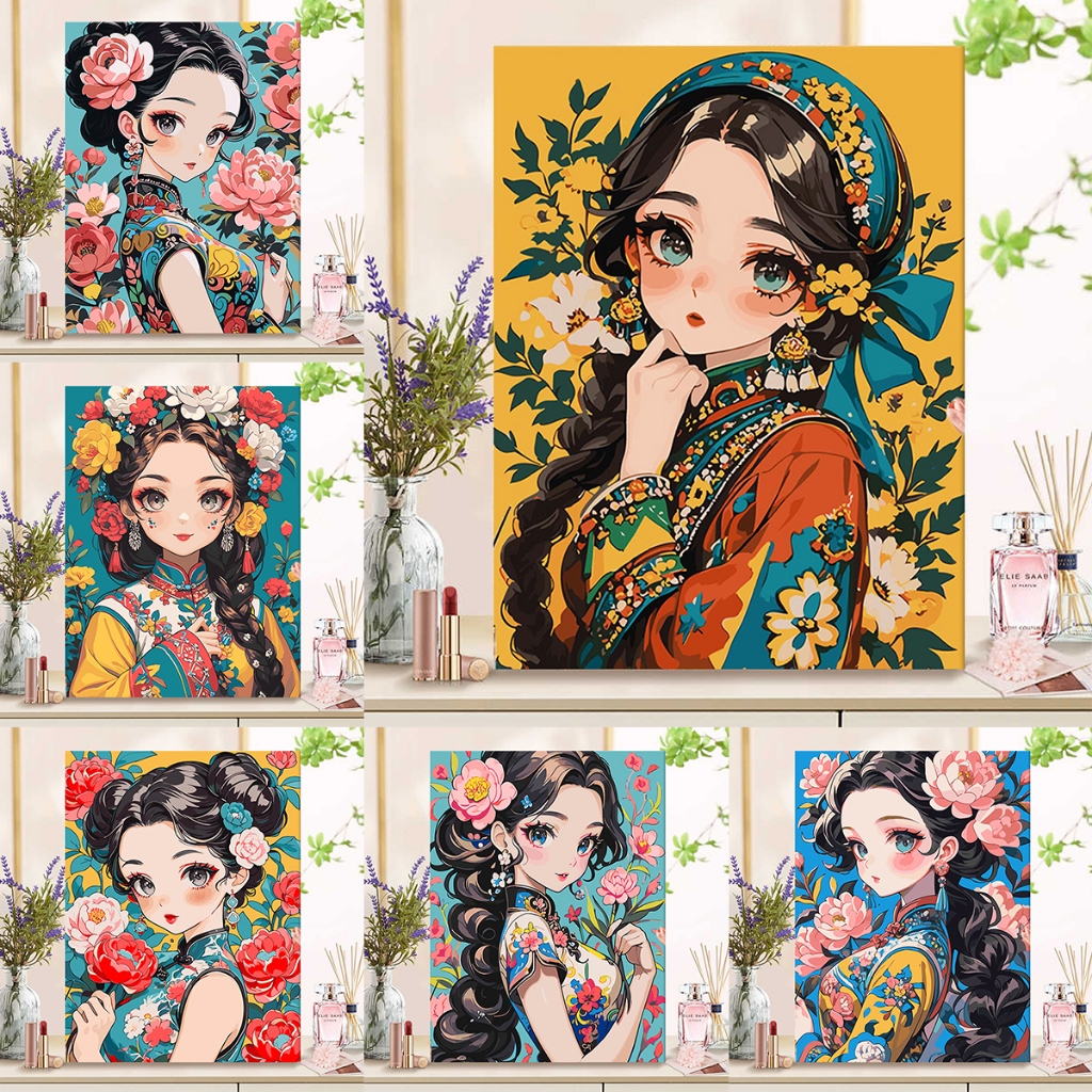 ลอยไป ระบายสีตามตัวเลข การ์ตูน สาว ภาพวาดผ้าใบตามตัวเลขภาพสีน้ํามันดิจิตอลตามตัวเลข ตกแต่งบ้าน
