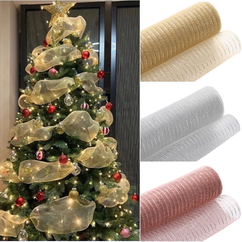 26 ซม.10Yards Gold Sliver สีชมพู DIY ต้นคริสต์มาสริบบิ้น Xmas พวงหรีดตาข่ายตกแต่งงานแต่งงานริบบิ้น Party ตกแต่งวันหยุด