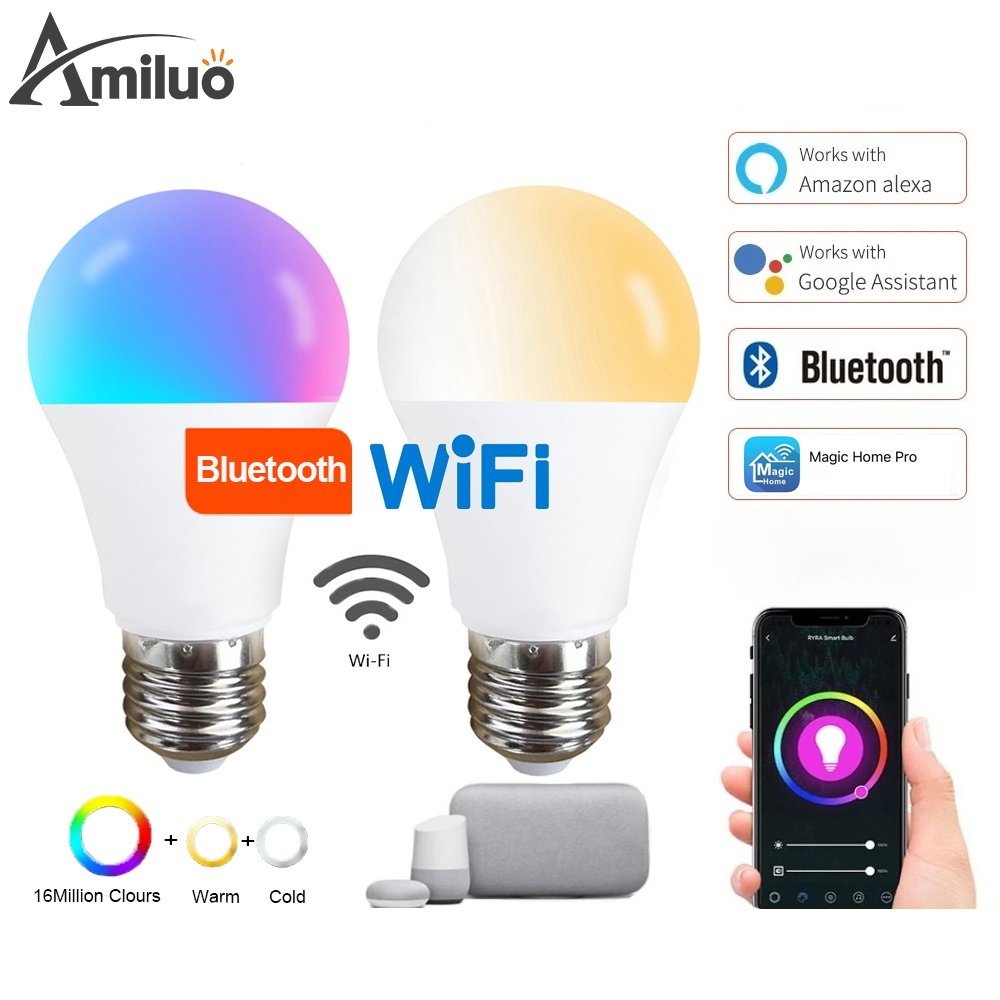 Amiluo หลอดไฟอัจฉริยะ Led 10W Wifi E27 RGB หรี่แสงได้ ควบคุมด้วยแอปพลิเคชันอัจฉริยะ ควบคุมด้วยเสียง เปลี่ยนสีได้ 16 ล้านสี