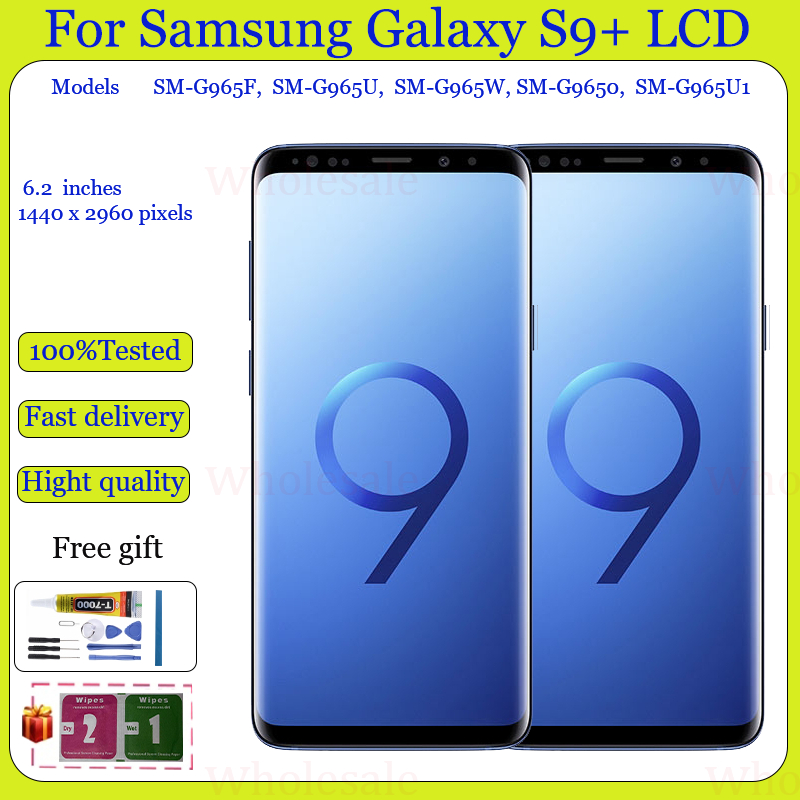 Original AMOLED สําหรับ Samsung Galaxy S9 + S9 Plus G965 LCD หน้าจอสัมผัสดิจิตอลพร้อมประกอบกรอบ