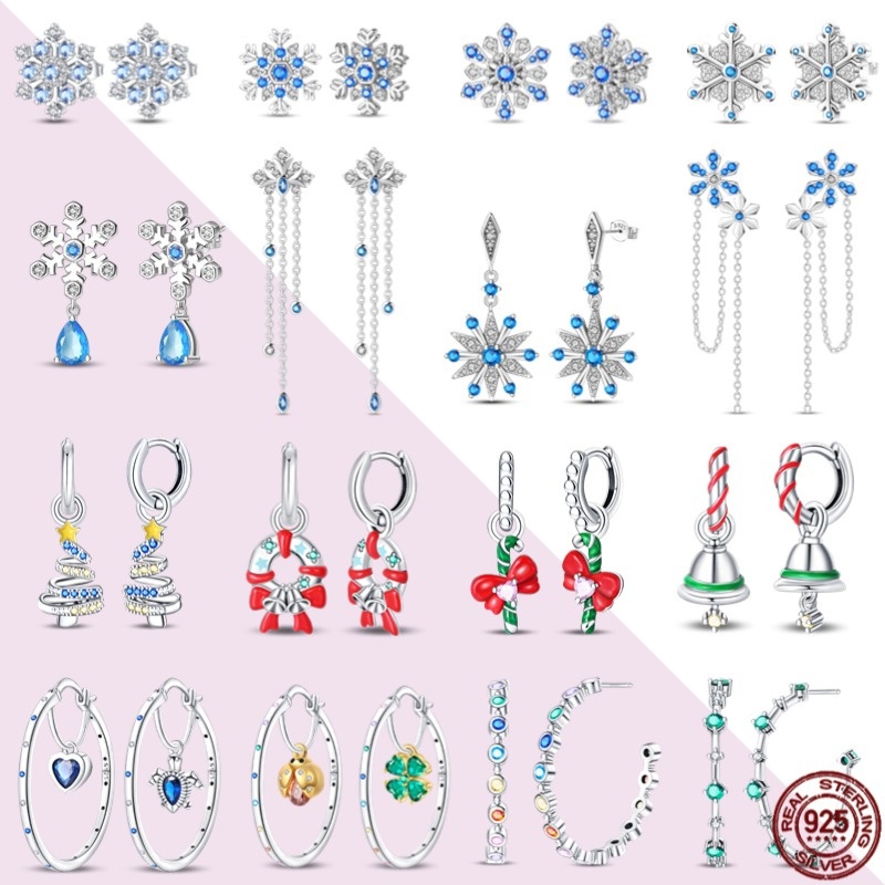 2024 Original Pan Charm S925 เงินสเตอร์ลิง Christmas Bell ต่างหูเกล็ดหิมะต่างหูประณีตเครื่องประดับ Diy ของขวัญ