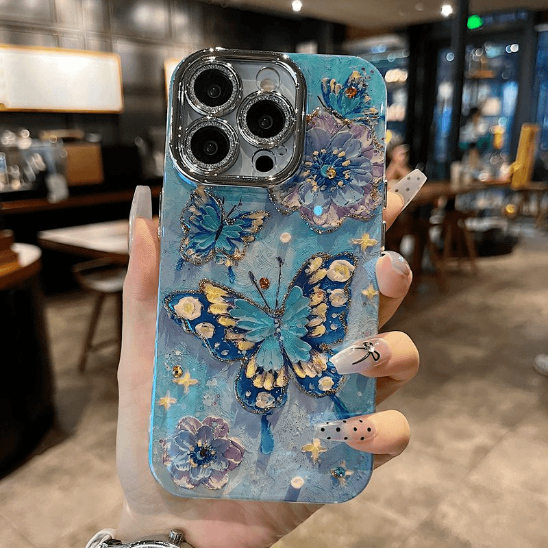 เคส iPhone เคสซีรีส์ เคส iPhone 16promax 15promax 14promax 13promax 12promax 16 15 14 13 12 11 เคส TPU พร้อมฟิล์มเลนส์ ปลอกดอกไม้ผีเสื้อสีน้ําเงิน