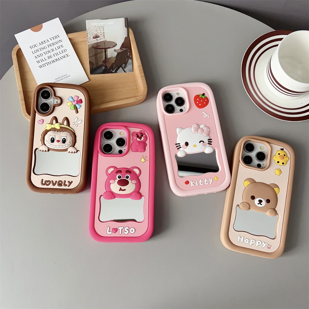 ซิลิโคนนุ่มกระจก LABUBU สตรอเบอร์รี่หมี iPhone สําหรับ iPhone 16 ProMax 15 ProMax 15 Plus 13 12 11 14 6&7 & 8Plus XSMax กรณี