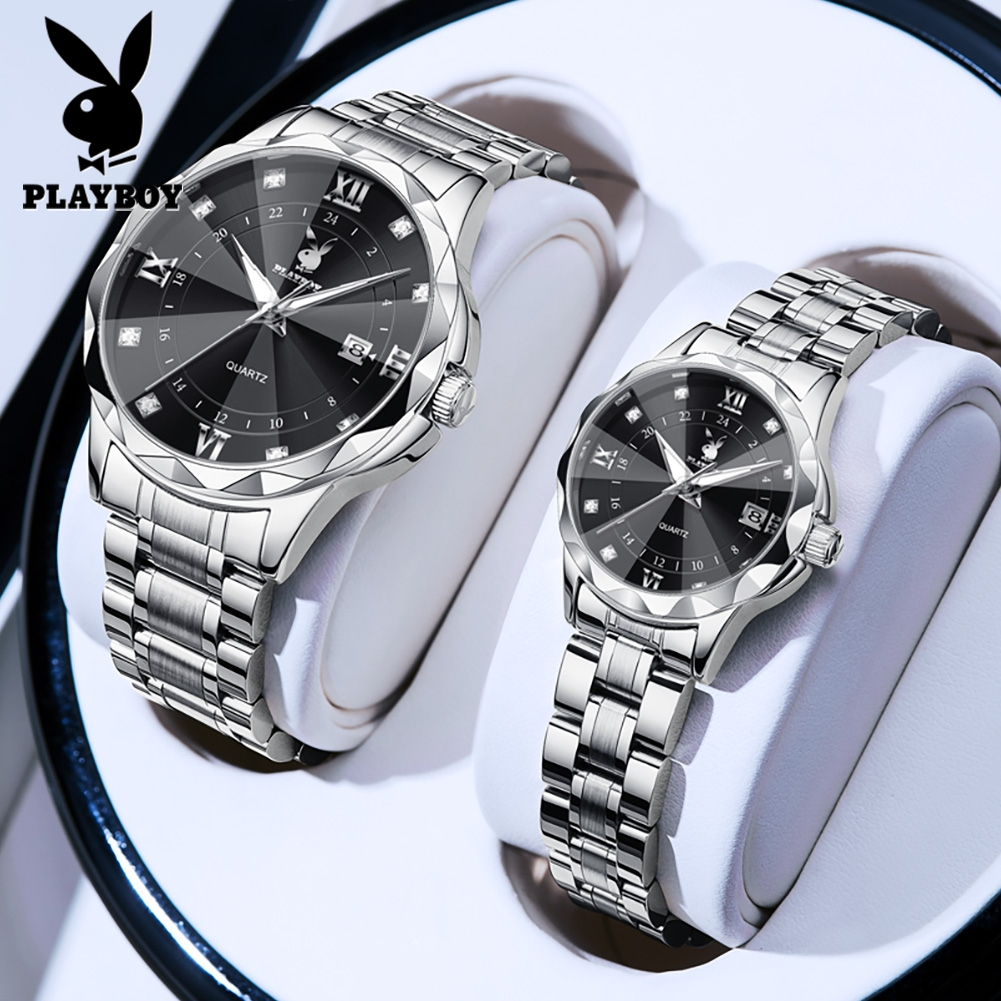 PLAYBOY นาฬิกาคู่ กันน้ำ 100% ผู้หญิง ผู้ชาย สายสเตนเลส เรืองแสง มีปฏิทิน นาฬิกาควอตซ์ สไตล์แฟชั่นที่เรียบง่าย ของขวัญวันเกิด 3501