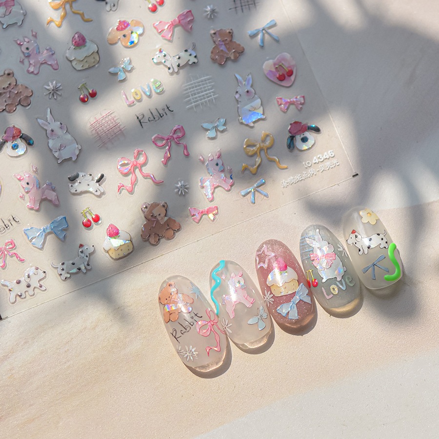 โอยา | Tomoni Pearlescent สติ๊กเกอร์ติดเล็บลูกสุนัขขนมหวานโบว์สติ๊กเกอร์ติดเล็บ