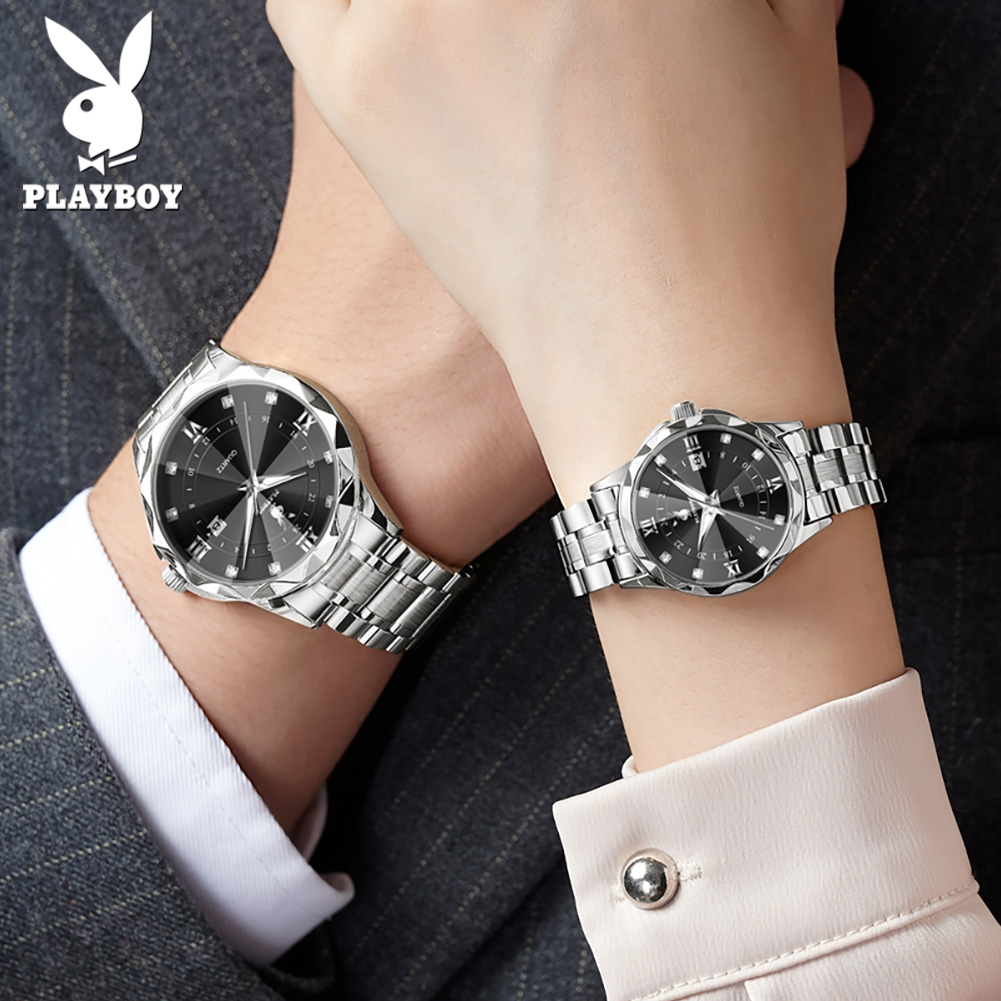 PLAYBOY นาฬิกาคู่ กันน้ำ 100% ผู้หญิง ผู้ชาย สายสเตนเลส เรืองแสง มีปฏิทิน นาฬิกาควอตซ์ สไตล์แฟชั่นที่เรียบง่าย ของขวัญวันเกิด 3501