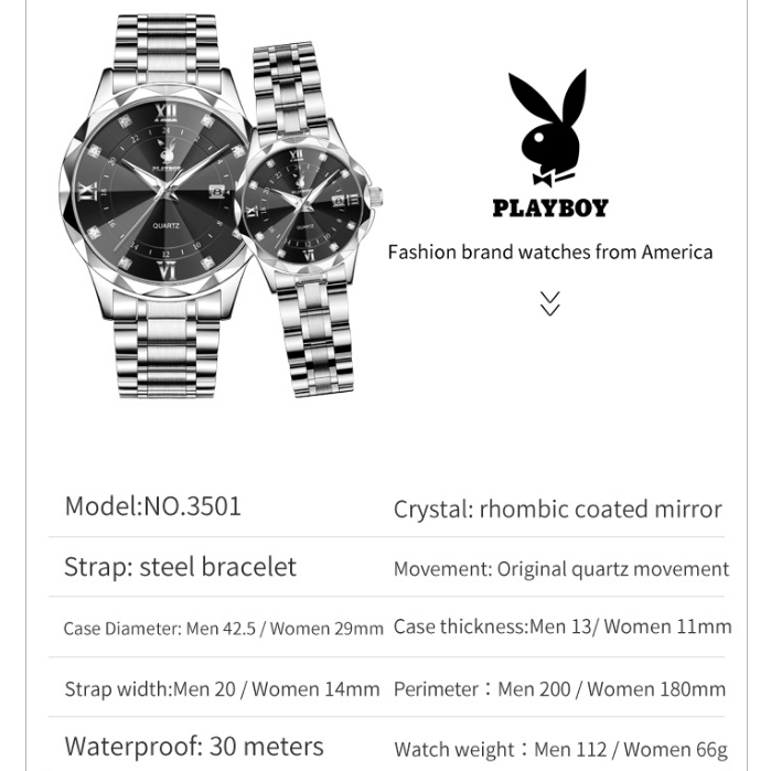 PLAYBOY นาฬิกาคู่ กันน้ำ 100% ผู้หญิง ผู้ชาย สายสเตนเลส เรืองแสง มีปฏิทิน นาฬิกาควอตซ์ สไตล์แฟชั่นที่เรียบง่าย ของขวัญวันเกิด 3501