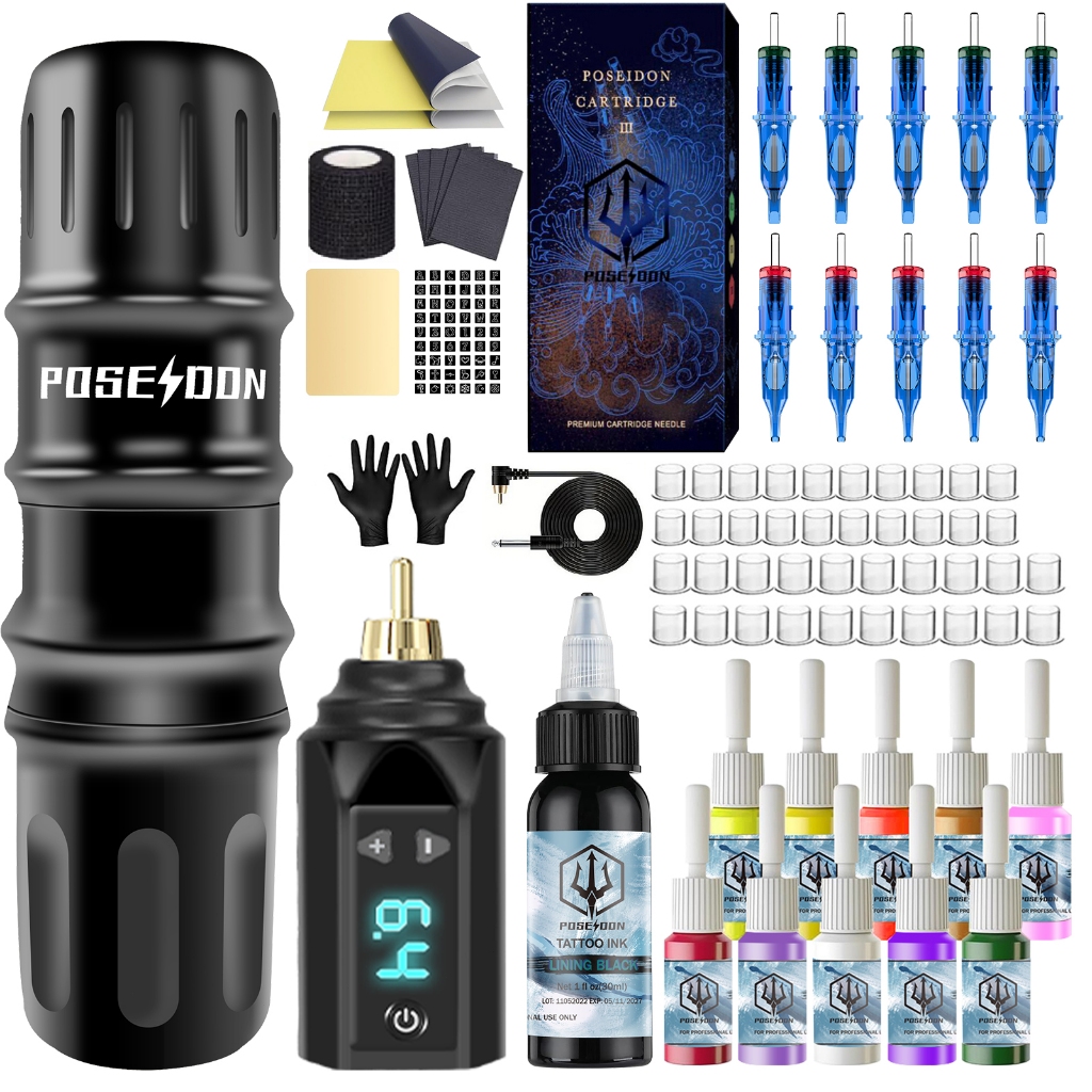 Poseidon Tattoo Pen Kit- เครื่องสักพร้อมตลับเข็มสัก 10 ชิ้น, แหล่งจ่ายไฟไร้สายพร้อมเครื่องมือสักหมึกสักสําหรับศิลปิน