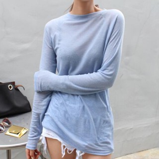 เสื้อยืดแขนยาวลําลองสตรีพื้นฐานแฟชั่นสีทึบด้านบนบางผ้าฝ้ายเส…