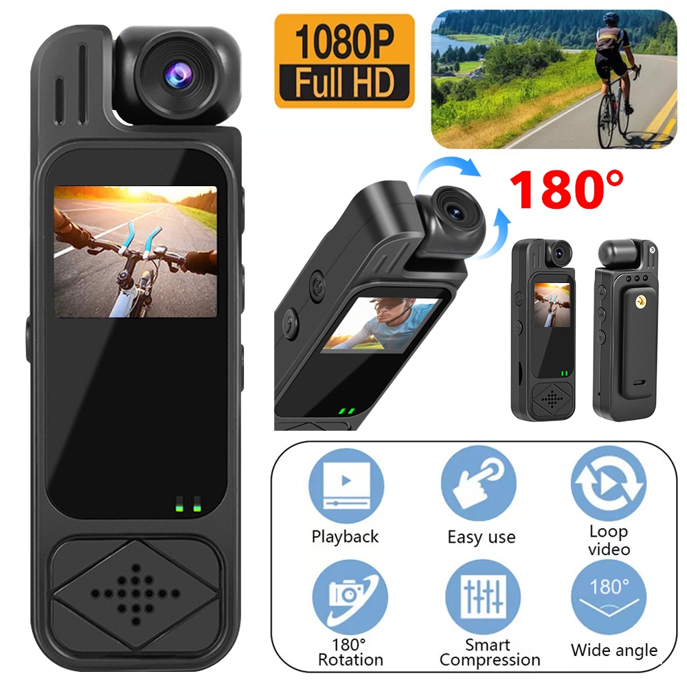 Mini Body Camera 1080P HD Sports CameraRotatable Night Vision เครื่องบันทึกวิดีโอดิจิตอล 1.3 นิ้ว Bodycam กล้องตํารวจ