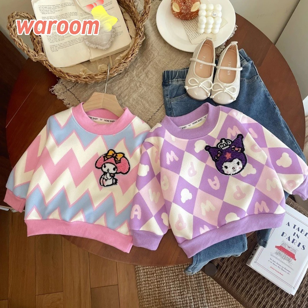 12.12 Waroom2024 เสื้อสเวตเตอร์เด็กผู้หญิงสไตล์ใหม่ฤดูใบไม้ร่วงฤดูหนาวเสื้อแขนยาวขนแกะหญิงเด็กการ์ตูน Kuromi Warm