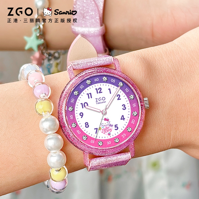 Zgo x Sanrio HelloKitty นาฬิกาสําหรับเด็กผู้หญิงแฟลชสีชมพู Blink กันน้ํานาฬิกานักเรียนเรืองแสง 2182