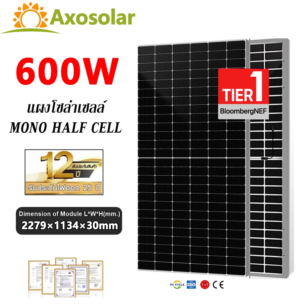 N-Type แผงโซล่าเซลล์  600W Mono Half cut กระจก 2 ด้าน (Bifacial)