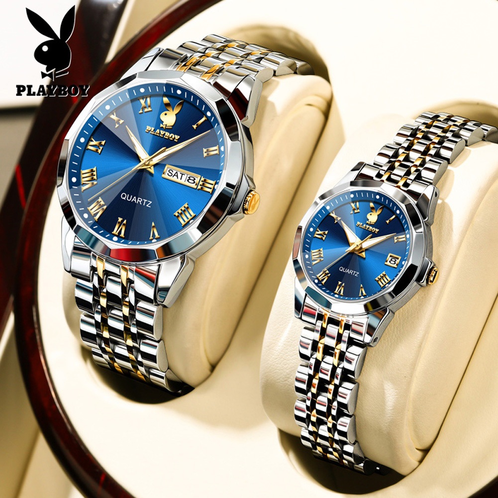 PLAYBOY นาฬิกาคู่ กันน้ำ 100% สายสเตนเลส ผู้หญิง ผู้ชาย มีปฏิทิน นาฬิกาควอตซ์ เรืองแสง สไตล์แฟชั่นที่เรียบง่าย ของขวัญวันเกิด 3502-L