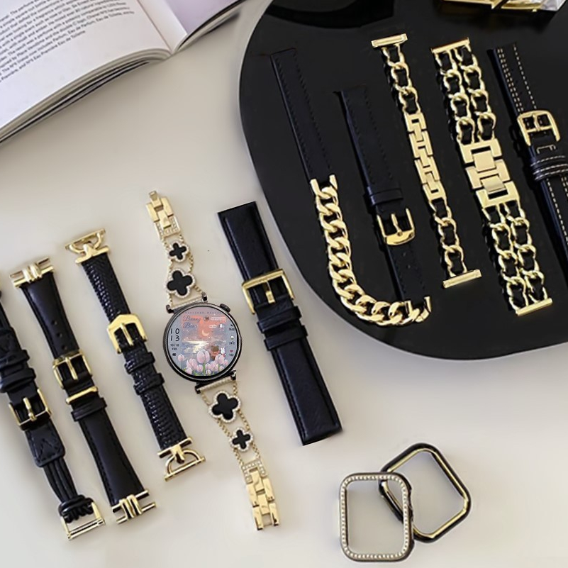 Luxury Gold black 18mm 20mm 22mm Samsung Galaxy Watch 7 สาย Galaxy Watch FE / Galaxy Watch 6 / Galaxy Watch 5 / 3 / Amazfit bip 5 Pro สาย Amazfit bip 3 Strap Amazfit GTS3 / GTS2 / Amazfit GTS4 mini / Huawei watch GT5 Pro สาย huawei gt5/GT2/GT3/GT4 Strap