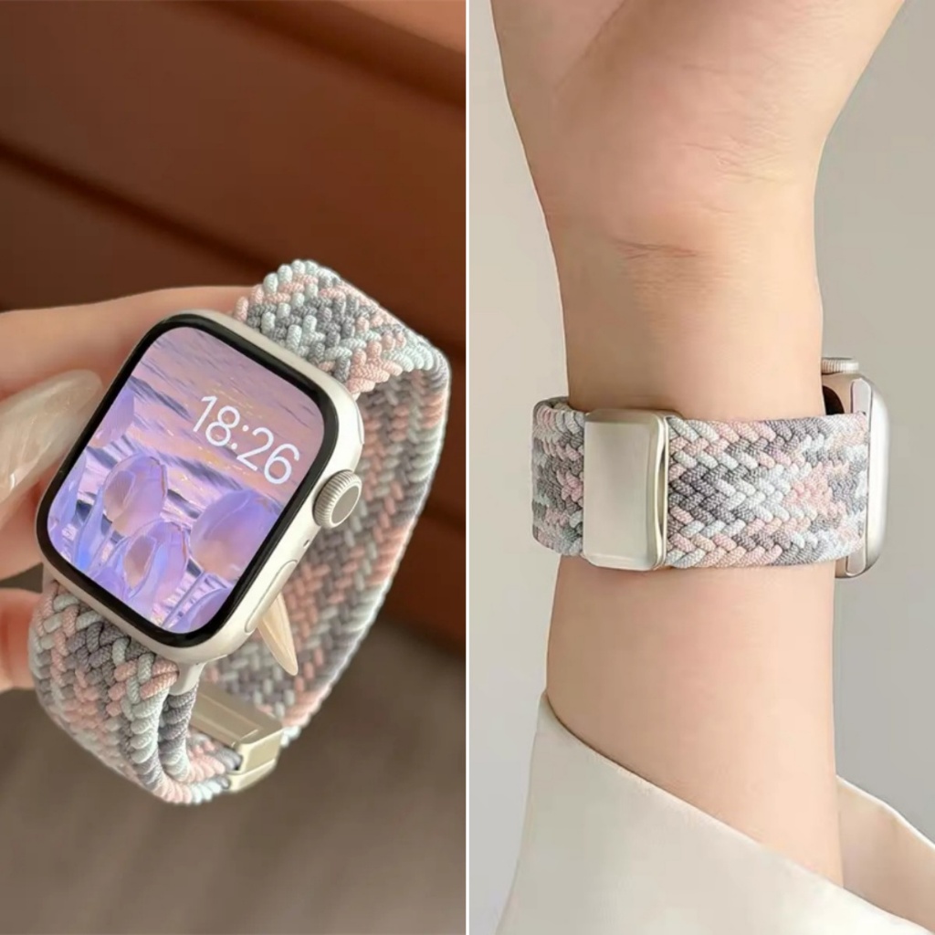 สีใหม่หัวเข็มขัดแม่เหล็กทอไนลอนสายนาฬิกาสําหรับ Apple Watch S10//9/8/7/6/5/4 SE2 ULTRA2 Breathable เปลี่ยนสร้อยข้อมือสําหรับ iwatch 49 มม.46 มม.45 44 42 41 40 38 S10 สาย