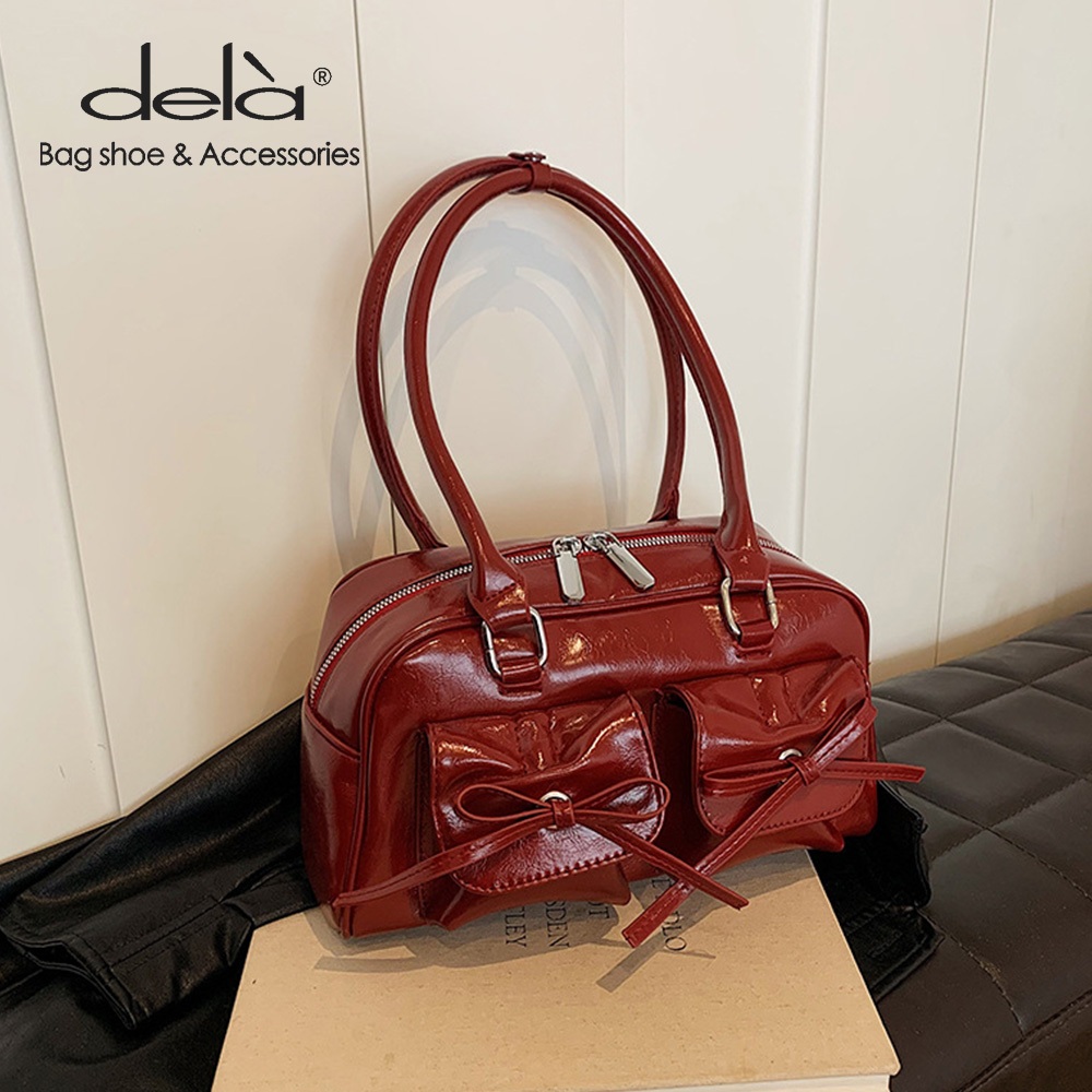 Dela Red Bow Sweet Cool Biker Tote Bag 2024 New One Shoulder Bowling Pillow Bag Square Armpit Bag Wo