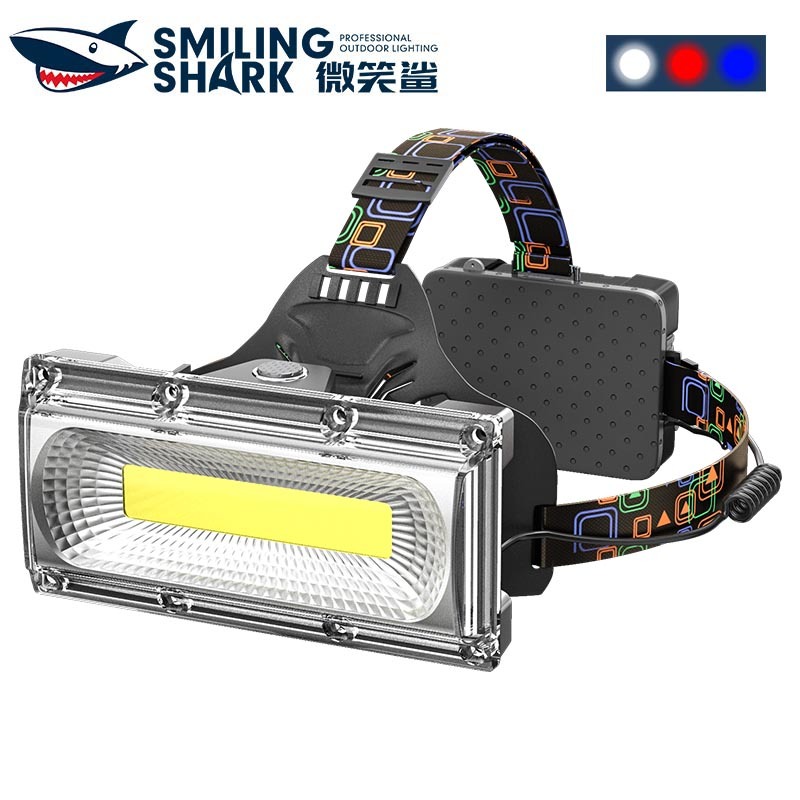 SmilingShark K608 ไฟฉายคาดหัว COB แสงที่แข็งแกร่ง ไฟหน้า แฟลชสีแดงและสีน้ำเงิน ซุปเปอร์ไบรท์ ไฟทำงาน 3โหมด ชาร์จ USB ได้ ปรับได้ 60° กันน้ำสำหรับงานเดินป่าตั้งแคมป์