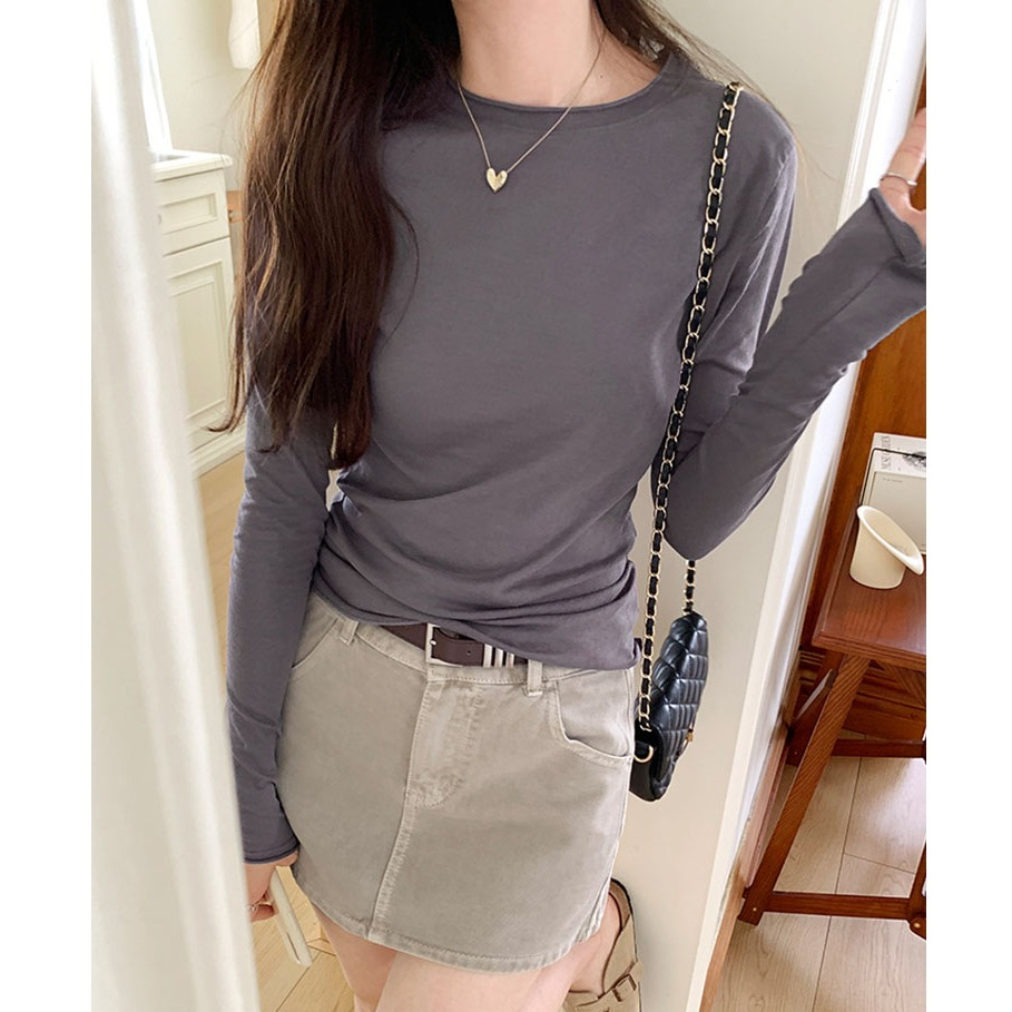 เสื้อยืดแขนยาวลําลองผู้หญิงพื้นฐานสีทึบคอลูกเรือด้านบน สตรีทแวร์