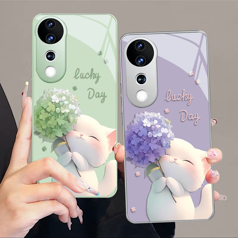 เคส Vivo V40 V30 V29 5G เคส Vivo V40 V30 Pro ดอกไม้น่ารักแมวกันกระแทกเคสโทรศัพท์พร้อมฝาครอบกล้องเลนส์ป้องกันหรูหราของเหลวแก้วเมทัลลิกสีฝาครอบโทรศัพท์